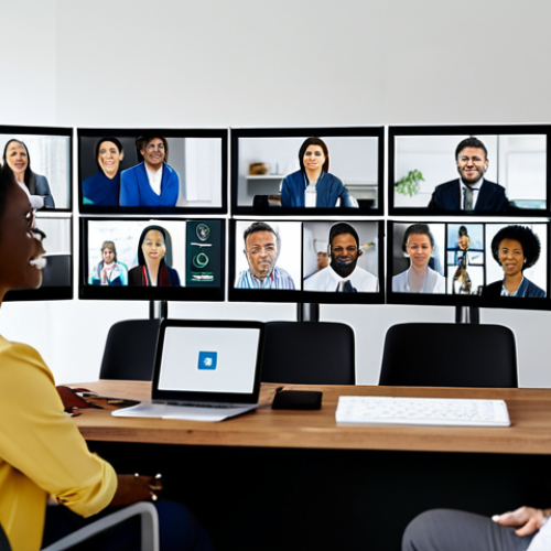 Home 4 A diverse group of professionals, fully clothed in modern, modest business attire, actively participating in a high-quality virtual video conference. The image features a grid layout of multiple participants' screens, each showing a person in their well-lit, clean home office or a sleek, minimalist co-working space. They are looking at their screens with engaged, focused, and pleasant expressions, indicating collaborative discussion and clear communication. The atmosphere is professional and inclusive. Perfect anatomy, correct proportions, natural poses, well-formed hands, proper finger count. Professional photography, high-resolution, sharp focus, natural lighting, appropriate content, safe for work, family-friendly.