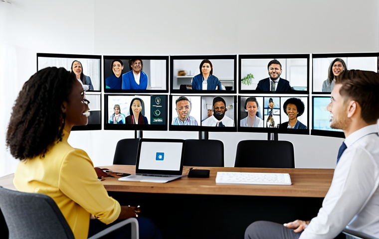 A diverse group of professionals, fully clothed in modern, modest business attire, actively participating in a high-quality virtual video conference. The image features a grid layout of multiple participants' screens, each showing a person in their well-lit, clean home office or a sleek, minimalist co-working space. They are looking at their screens with engaged, focused, and pleasant expressions, indicating collaborative discussion and clear communication. The atmosphere is professional and inclusive. Perfect anatomy, correct proportions, natural poses, well-formed hands, proper finger count. Professional photography, high-resolution, sharp focus, natural lighting, appropriate content, safe for work, family-friendly.