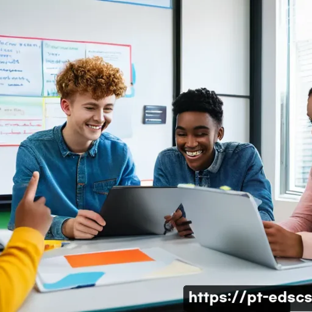 학생들을 위한 협업형 온라인 프로젝트 예시 - **Prompt:** A group of diverse high school students, aged 15-17, enthusiastically collaborating on a...