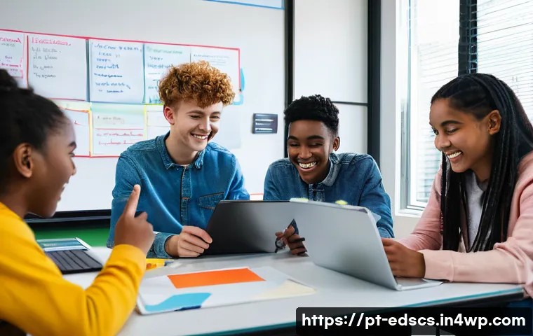 학생들을 위한 협업형 온라인 프로젝트 예시 - **Prompt:** A group of diverse high school students, aged 15-17, enthusiastically collaborating on a...