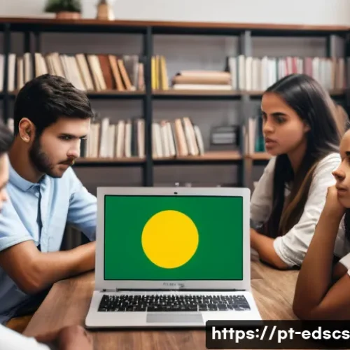 협업형 온라인 교육의 기술적 도전 과제 - A diverse group of students engaged in an online collaborative learning session, each using differen...