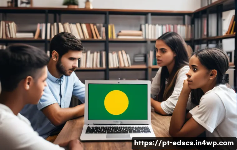 협업형 온라인 교육의 기술적 도전 과제 - A diverse group of students engaged in an online collaborative learning session, each using differen...