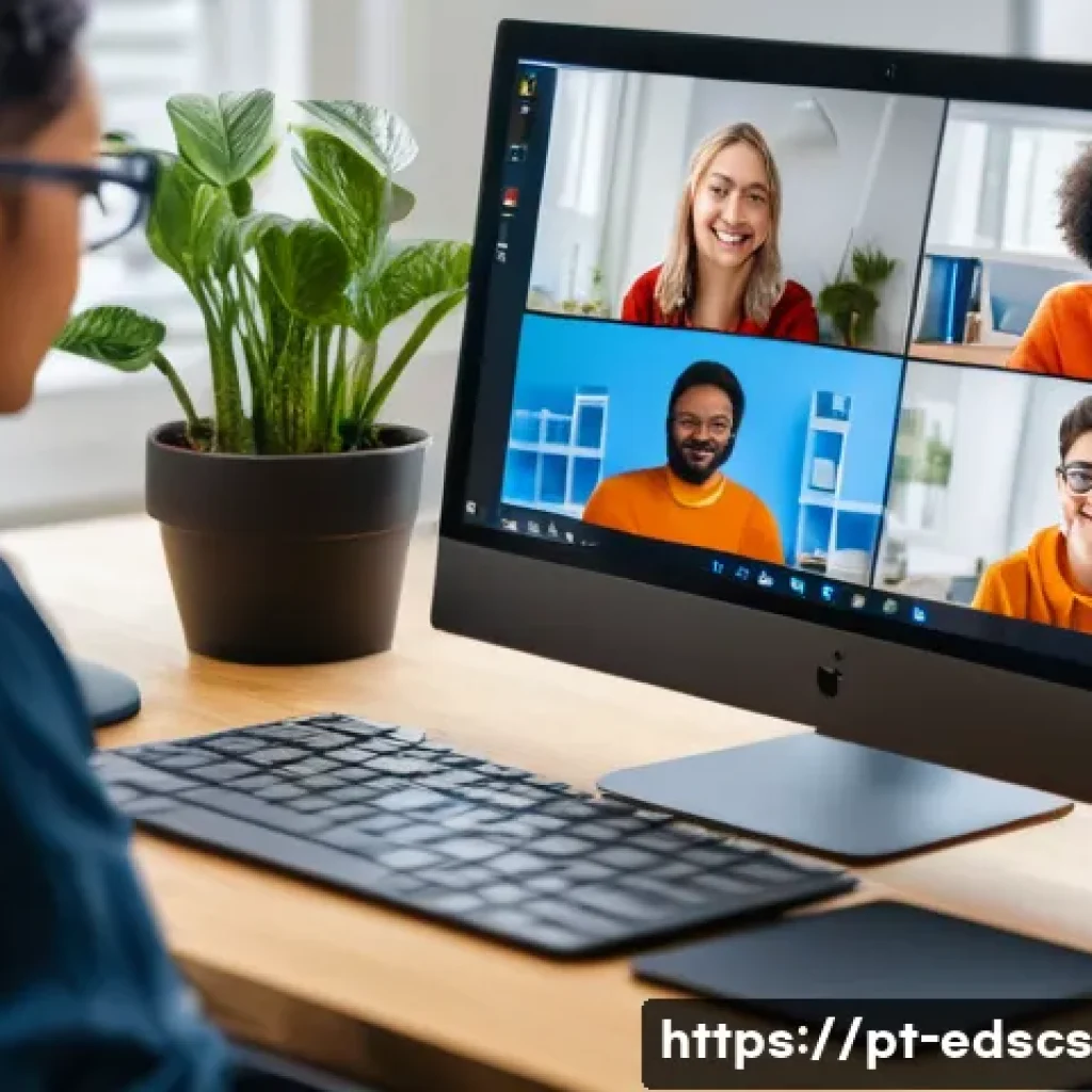 협업형 온라인 교육의 이해를 돕는 그래픽 자료 - A diverse group of young adult students collaborating online in a virtual classroom setting, each vi...