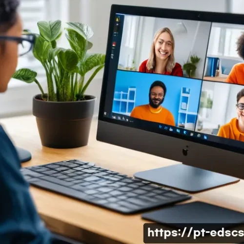 Home 28 협업형 온라인 교육의 이해를 돕는 그래픽 자료 - A diverse group of young adult students collaborating online in a virtual classroom setting, each vi...