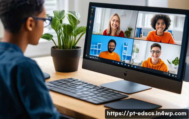 협업형 온라인 교육의 이해를 돕는 그래픽 자료 - A diverse group of young adult students collaborating online in a virtual classroom setting, each vi...
