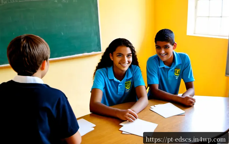 Home 17 학생들의 협업 능력을 키우는 교육 과정 - Photorealistic Brazilian middle-school students collaborating around a large round classroom table, ...